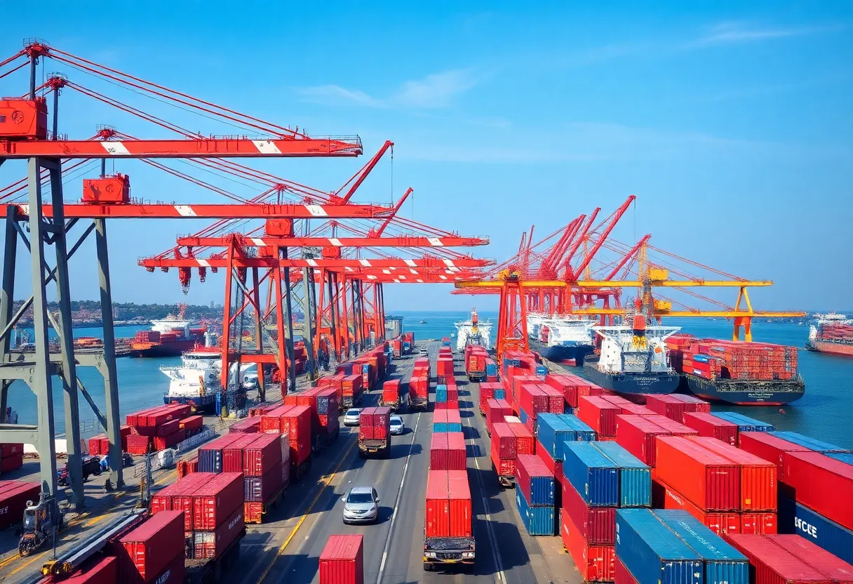 Container ships and cranes at the Port of Savannah with active container traffic.