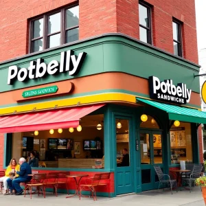 Exterior view of a Potbelly Sandwich shop in Atlanta