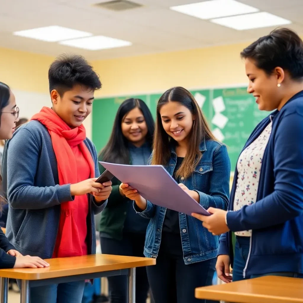 Students collaborating in a classroom at a private high school in Savannah
