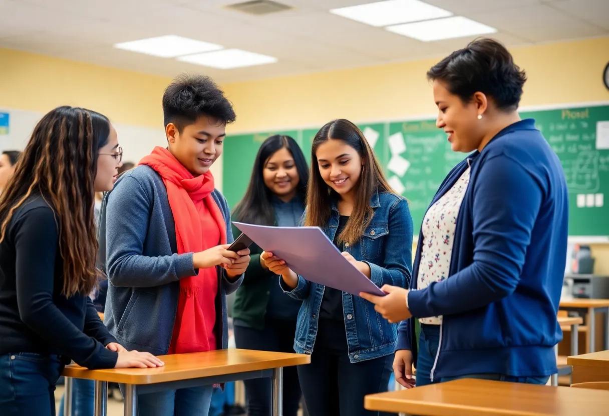Students collaborating in a classroom at a private high school in Savannah