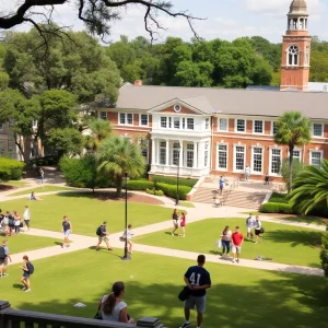 Campus of a private high school in Savannah with students outdoors