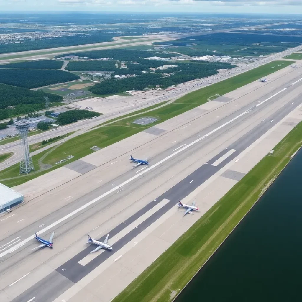 Aerial view of Savannah/Hilton Head International Airport showcasing busy air traffic and operations tower