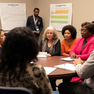 Community members discussing city budget priorities