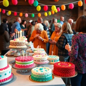 A lively cake party fundraiser with various cakes and happy attendees