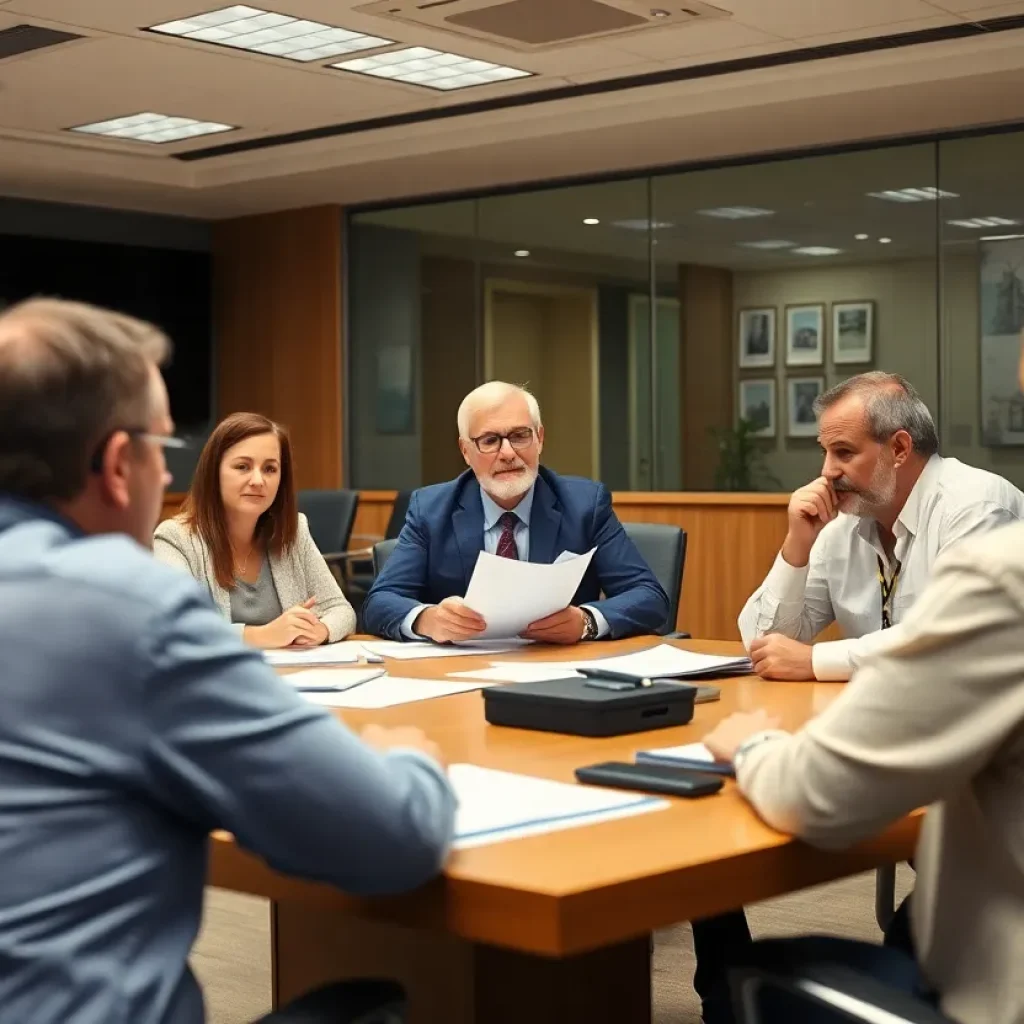 Officials discussing city investments during a council meeting