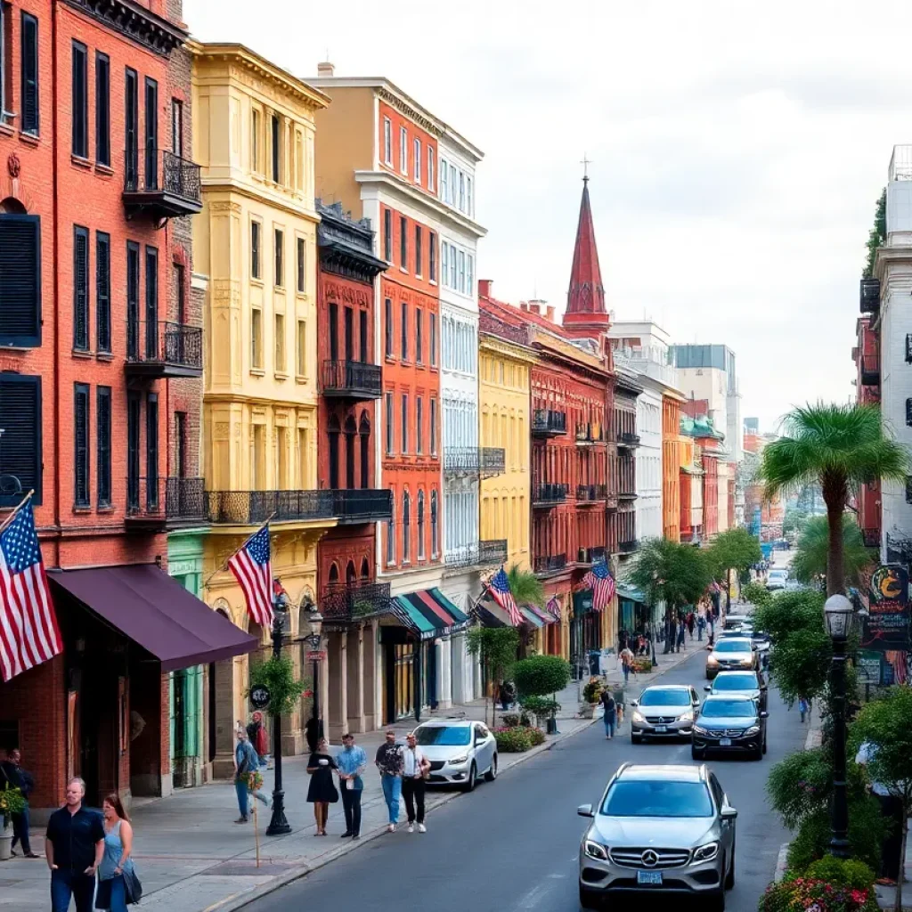 Cityscape of Savannah, Georgia featuring historic buildings and active streets.