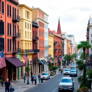 Cityscape of Savannah, Georgia featuring historic buildings and active streets.
