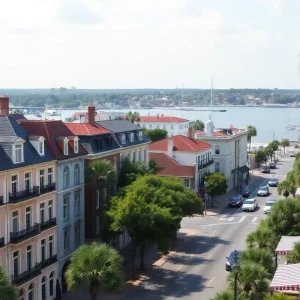 Scenic view of Savannah with historic buildings and waterfront