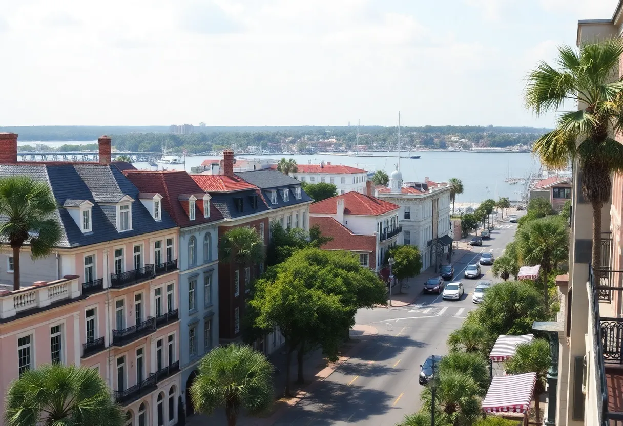 Scenic view of Savannah with historic buildings and waterfront