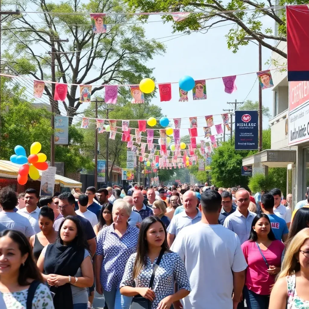 A vibrant community event in Savannah with people celebrating and engaging with local businesses.