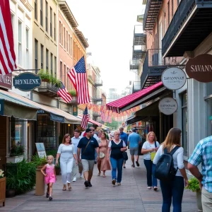 A lively street in Savannah with shops and tourists, symbolizing economic activity.