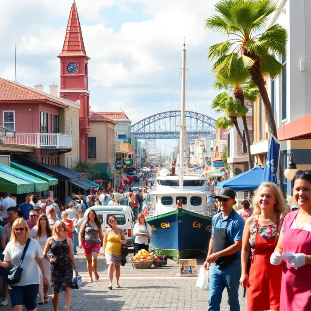 View of Savannah's bustling economy with tourists, port activities and the hospitality sector