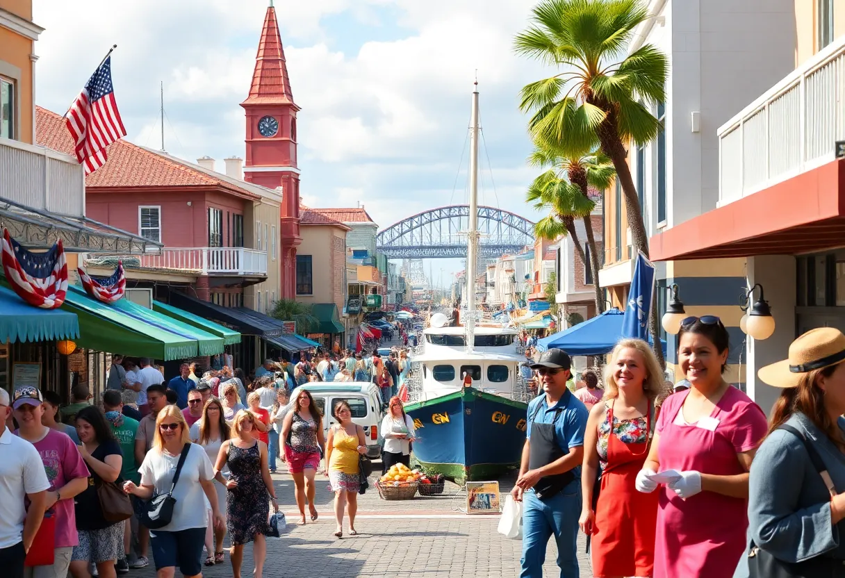 View of Savannah's bustling economy with tourists, port activities and the hospitality sector