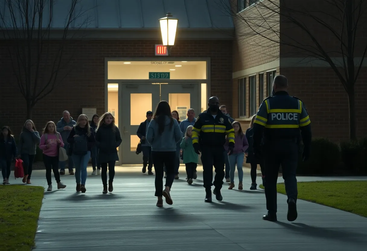 Students evacuating from a school due to bomb threat