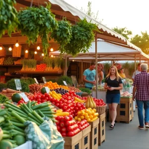 A lively farmers market in Savannah showcasing fresh produce and local vendors.