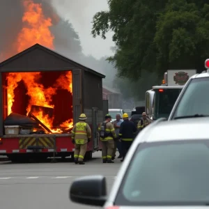 Savannah firefighters responding to a shed fire at a homeless shelter.