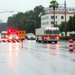 Flooded street in Savannah with road closed signs.