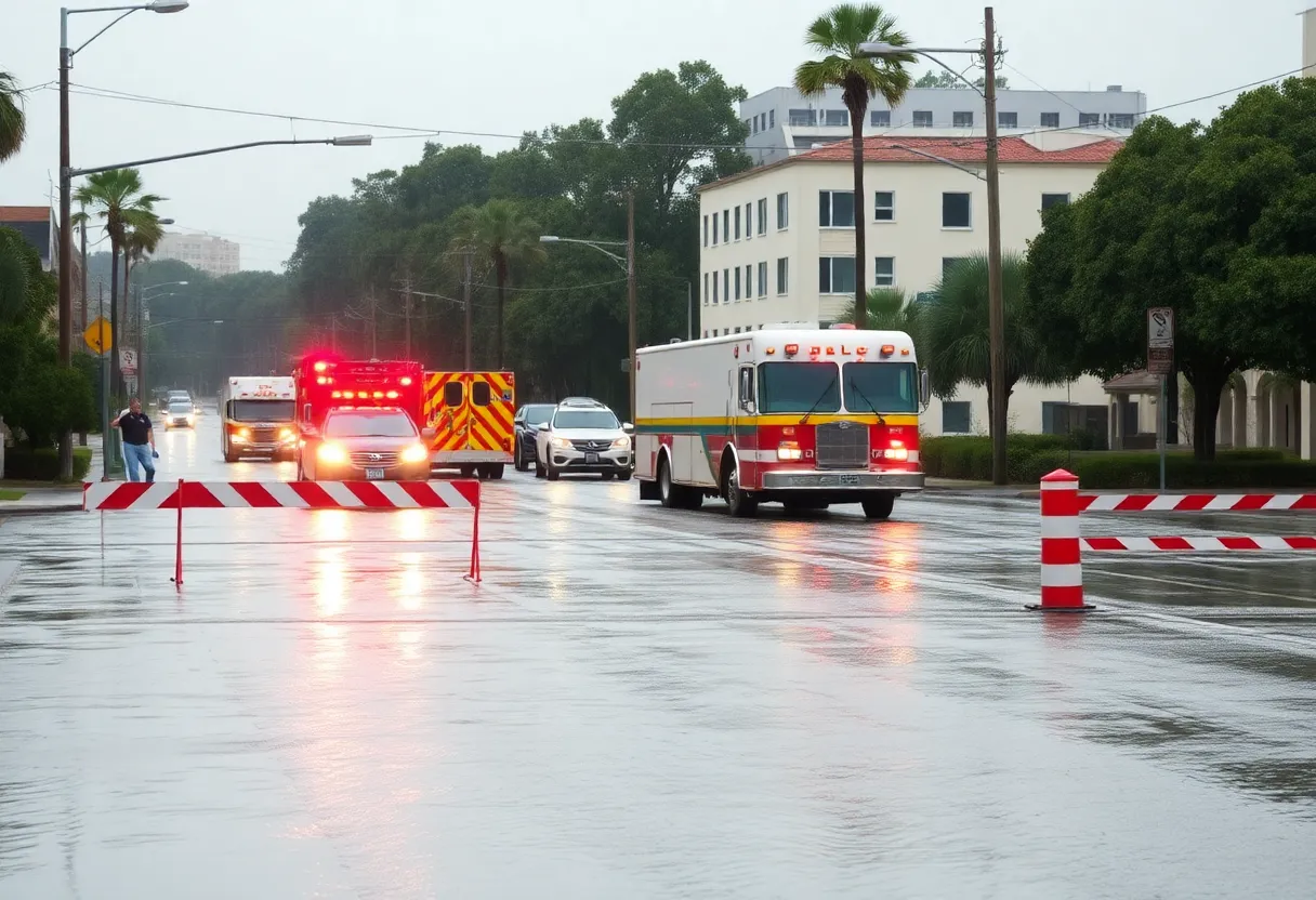 Flooded street in Savannah with road closed signs.