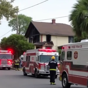 Firefighters at the scene of a house fire in Savannah, Georgia