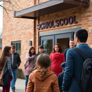 Parents and community members discussing safety outside a middle school
