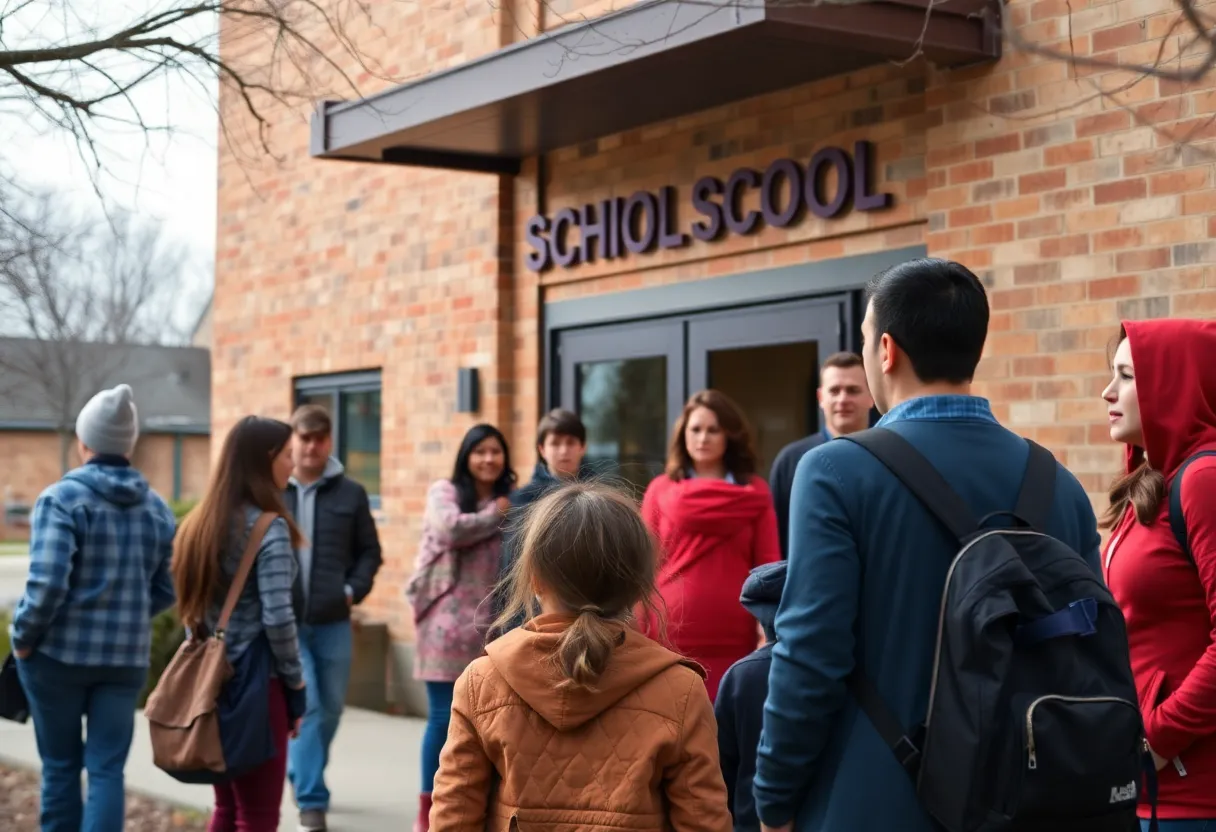 Parents and community members discussing safety outside a middle school