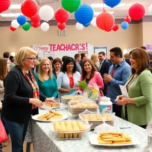 Community event celebrating National Teacher's Day with educators and food.
