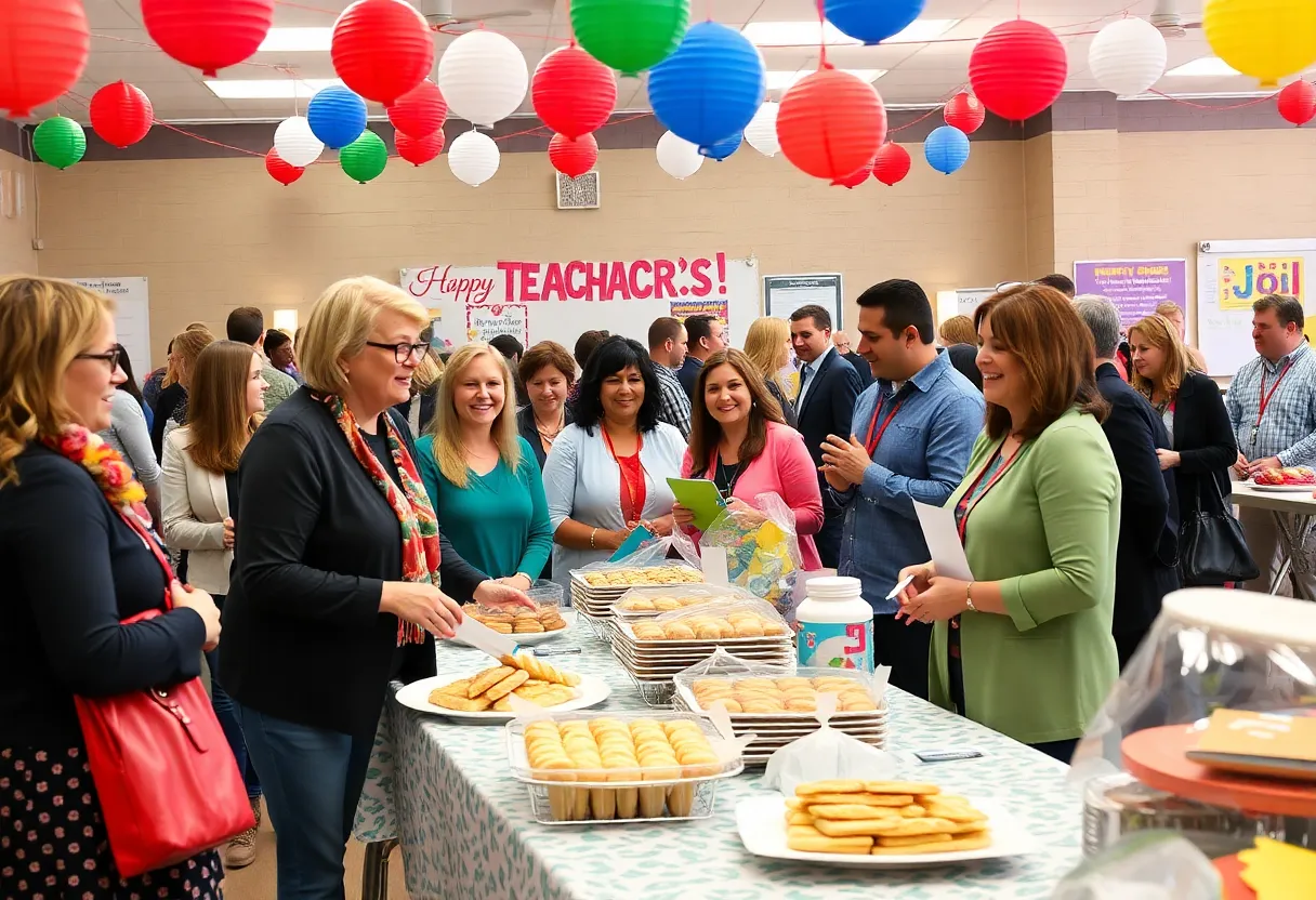 Community event celebrating National Teacher's Day with educators and food.