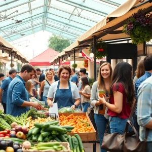 People enjoying a plant-based lifestyle event at a farmers' market