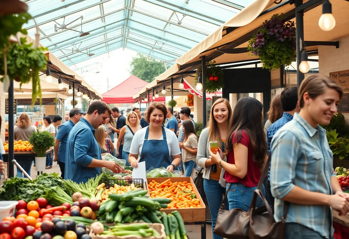 People enjoying a plant-based lifestyle event at a farmers' market