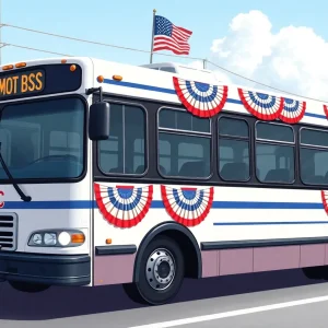 Public transportation bus in Savannah decorated for Memorial Day