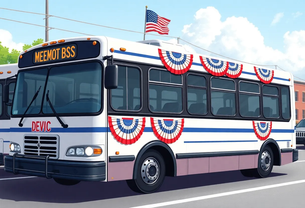 Public transportation bus in Savannah decorated for Memorial Day