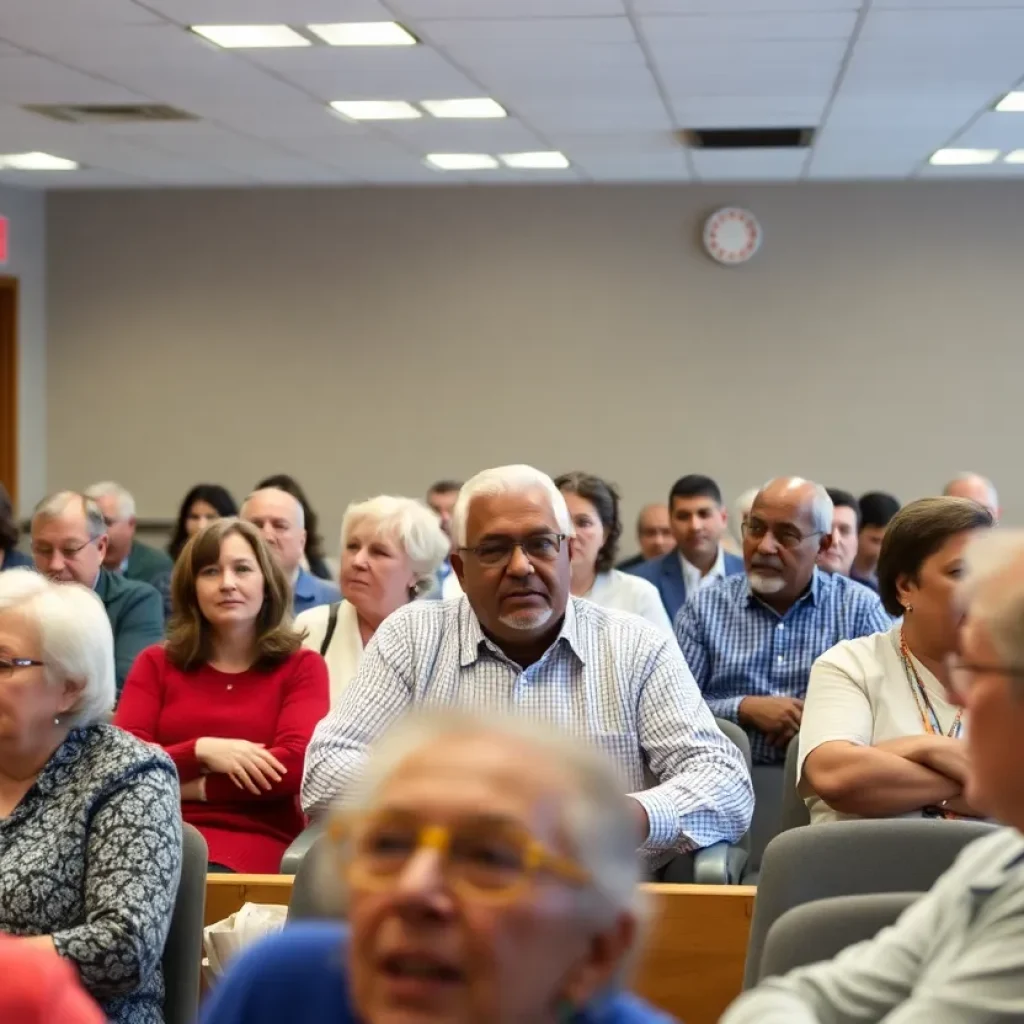 Residents at a community meeting discussing the school budget