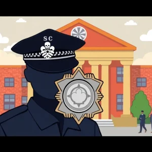 Illustration of a police badge in front of a school building, highlighting issues of law enforcement in education.