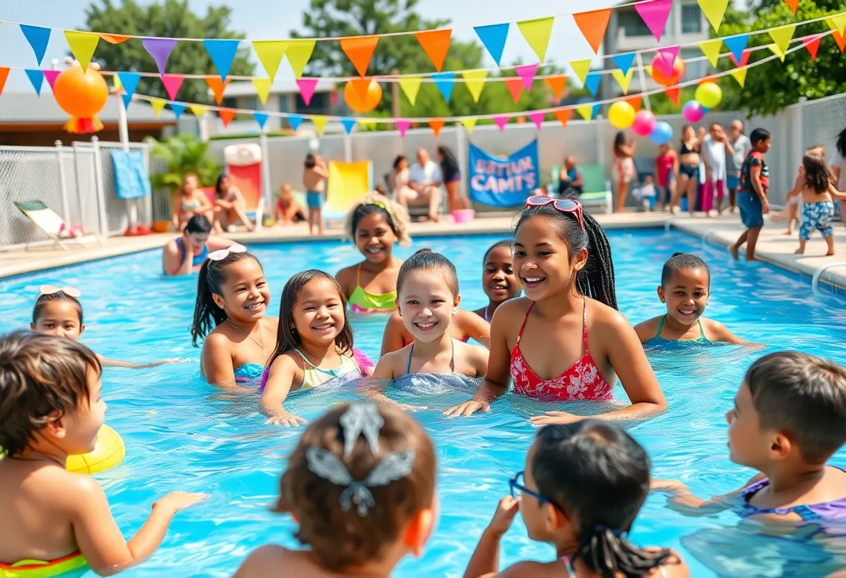 Community members enjoying a summer pool party at Daffin Park Pool in Savannah