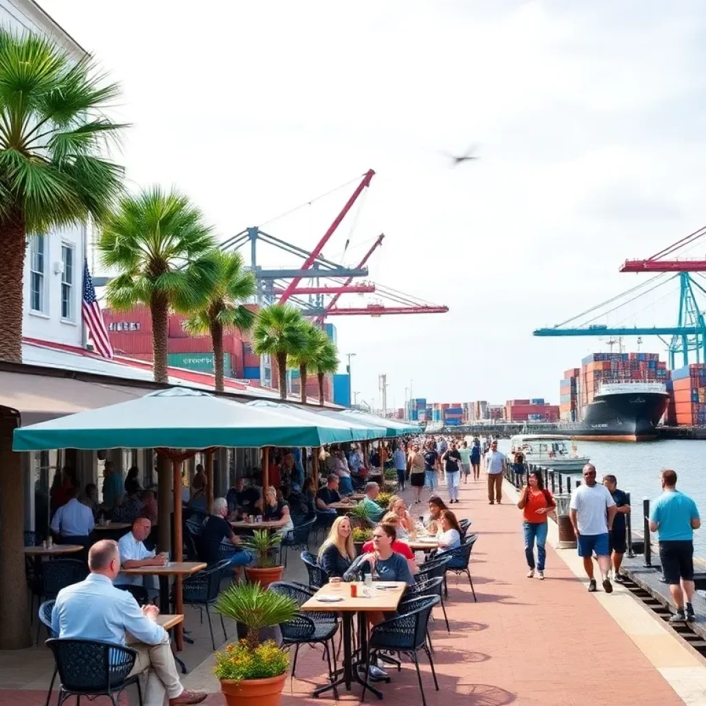 A lively scene of Savannah’s waterfront with tourists and port operations.