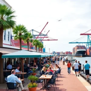 A lively scene of Savannah’s waterfront with tourists and port operations.