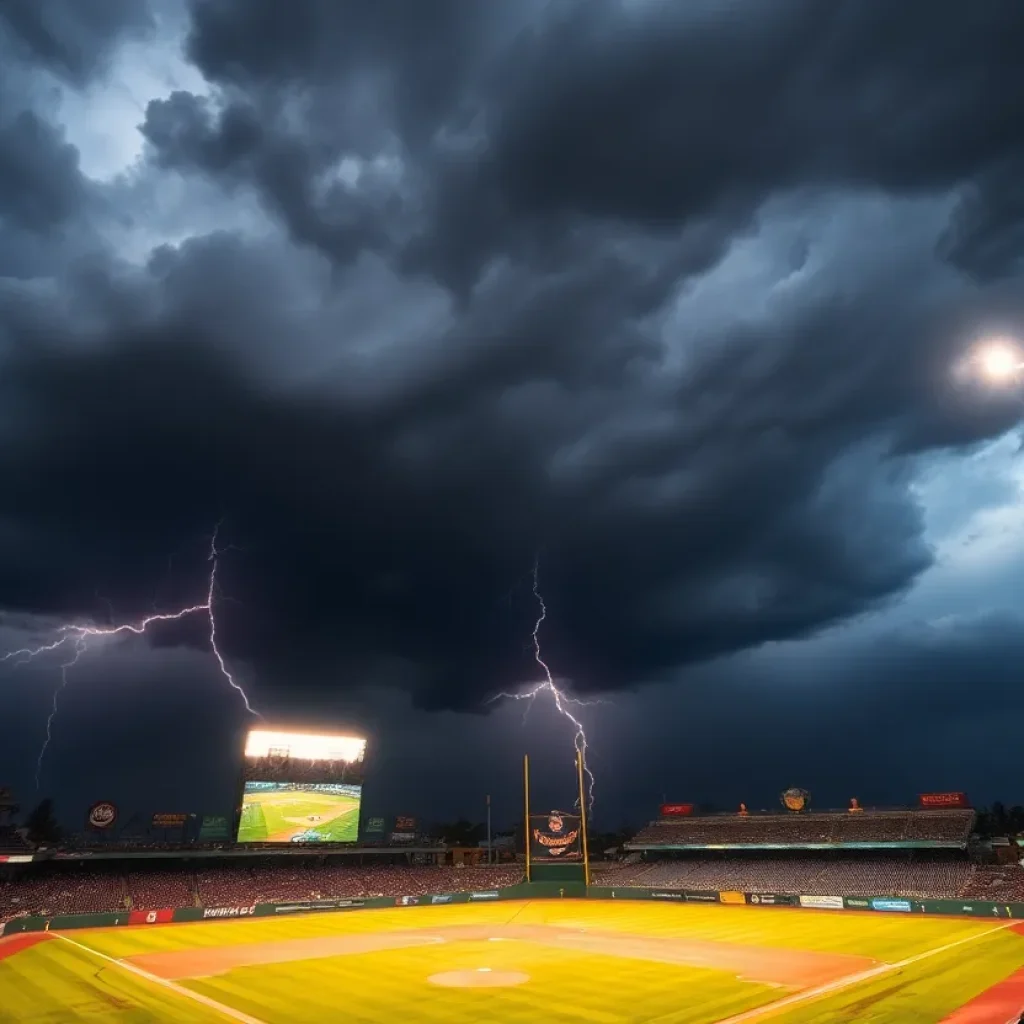 Thunderstorm clouds and rain over a baseball stadium