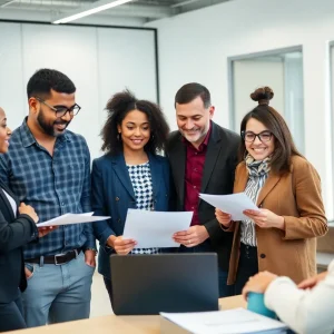 Diverse small business owners working together in an office