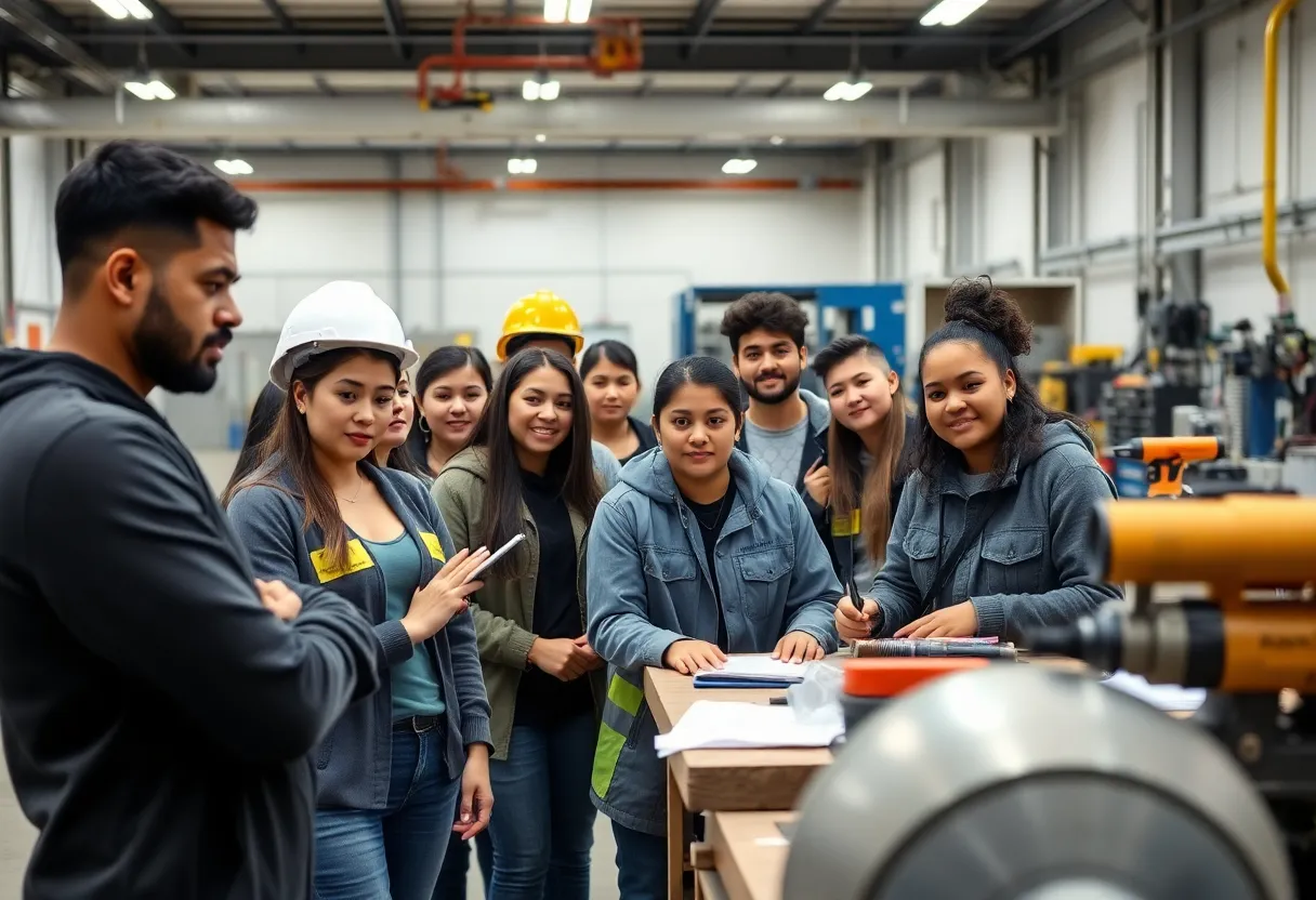 Students engaged in hands-on training for construction and manufacturing