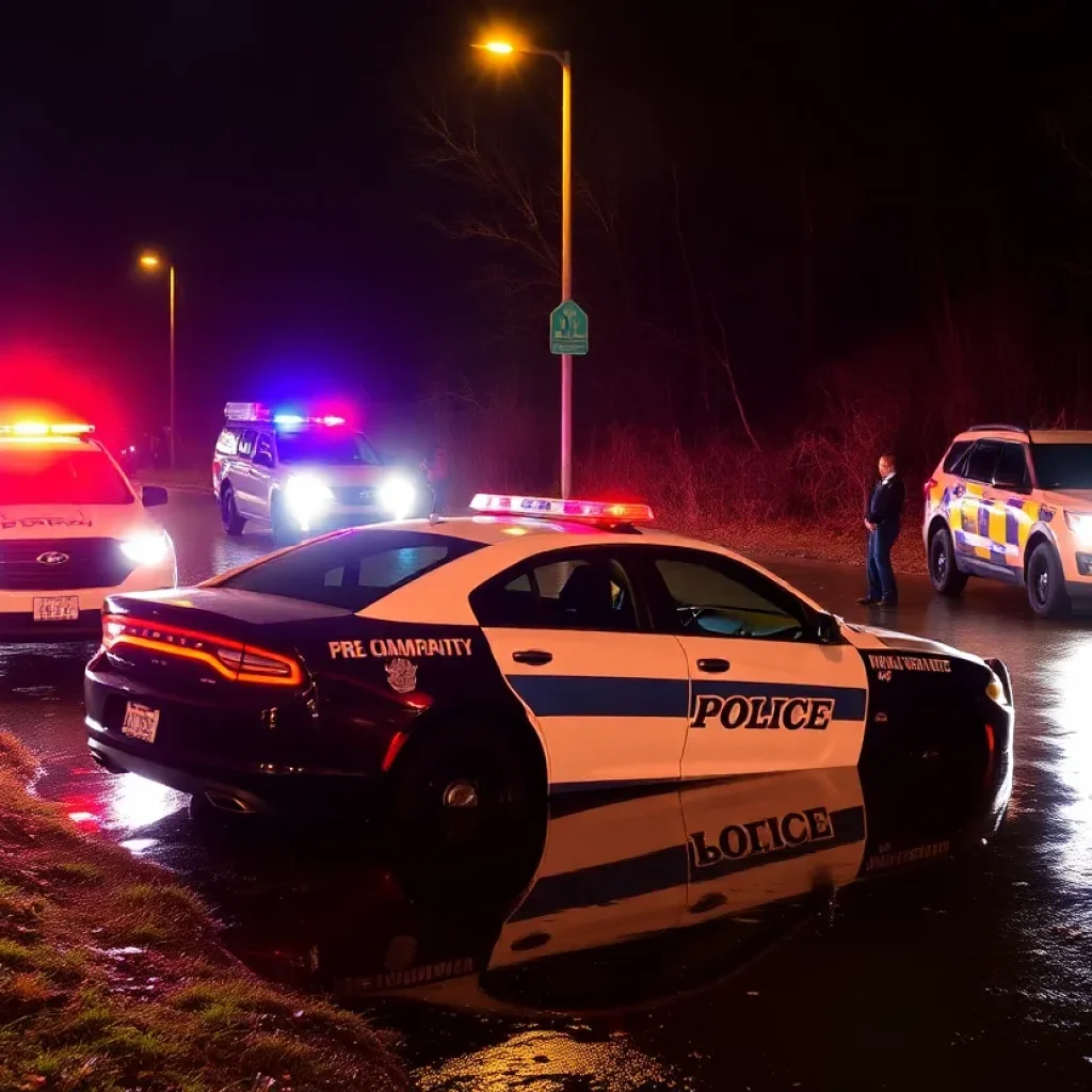 A patrol vehicle submerged in a creek during a police chase incident.