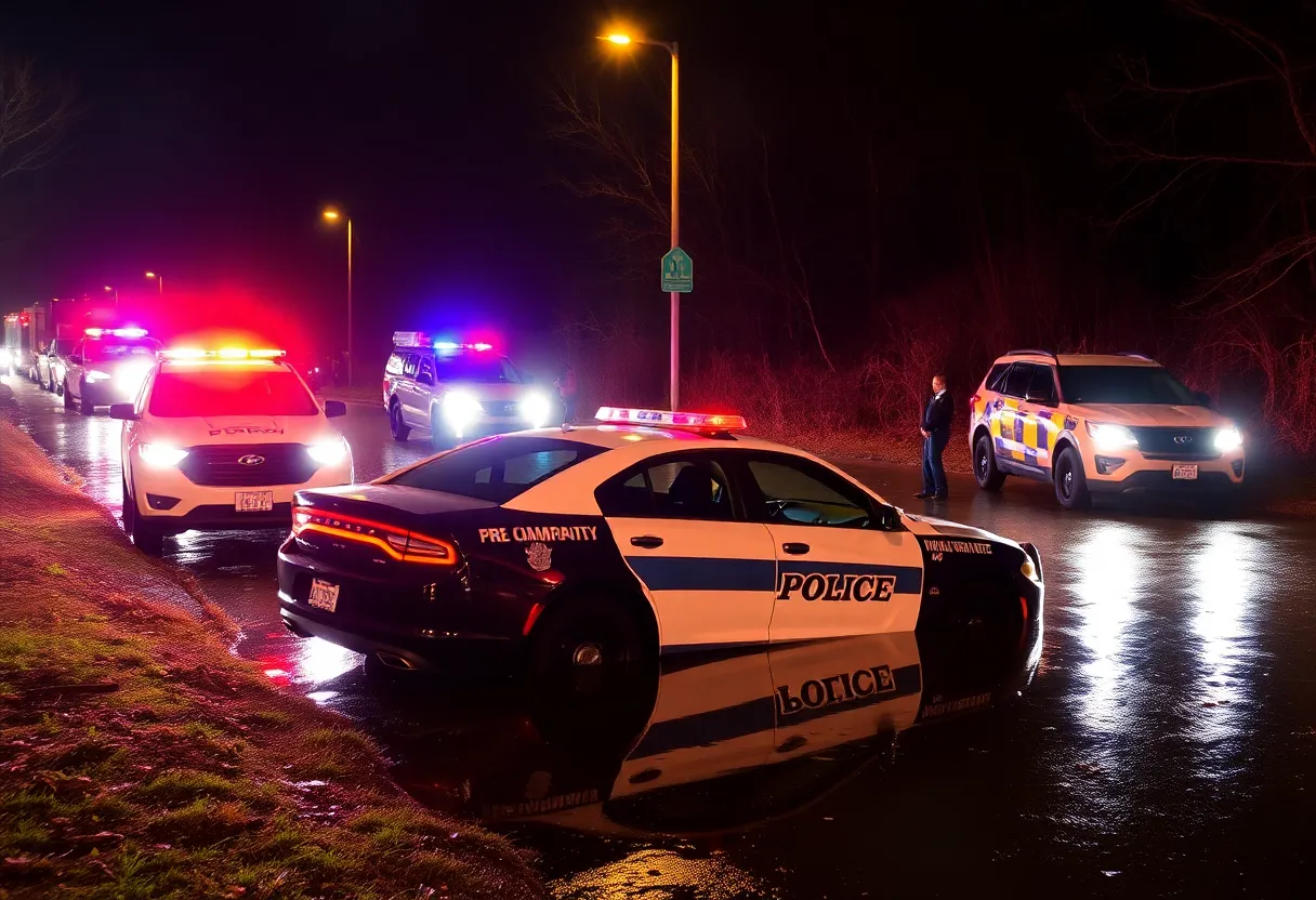 A patrol vehicle submerged in a creek during a police chase incident.