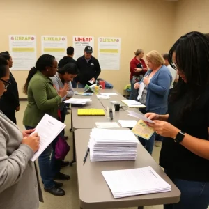 Families receiving assistance at a community center for utility programs.