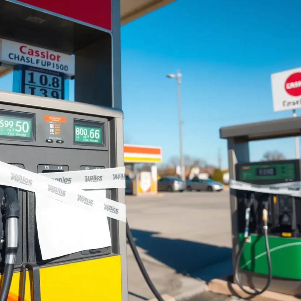Gas station pumps covered with tape, signaling unavailable gasoline options.