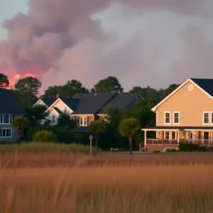 View of Wilmington Island homes with signs of fire damage in the distance.