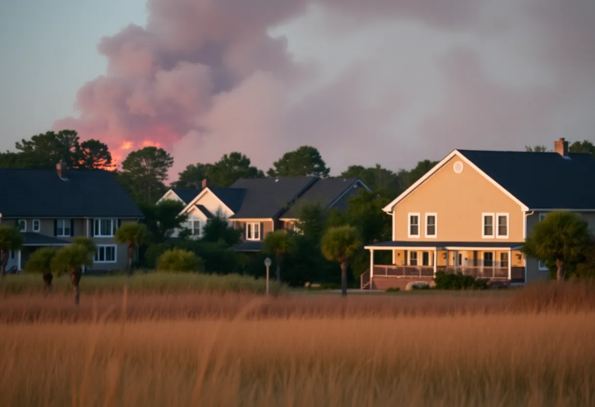 View of Wilmington Island homes with signs of fire damage in the distance.