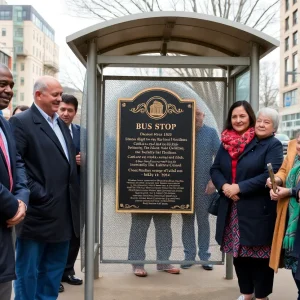 Ceremony attendees at the bus stop dedication honoring Kenneth Adams.