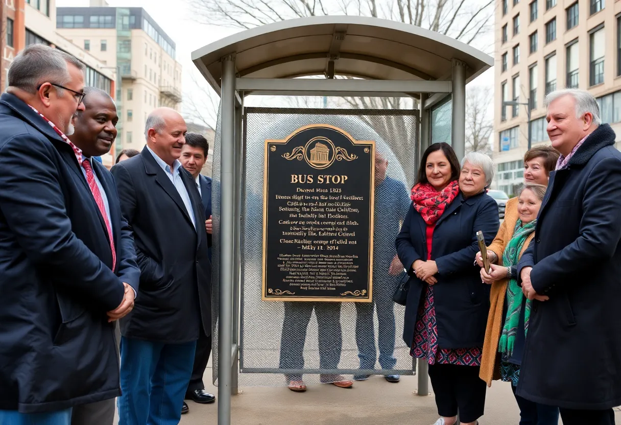 Ceremony attendees at the bus stop dedication honoring Kenneth Adams.