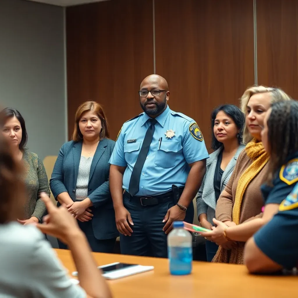 Community members discussing with police officers about oversight in Savannah.