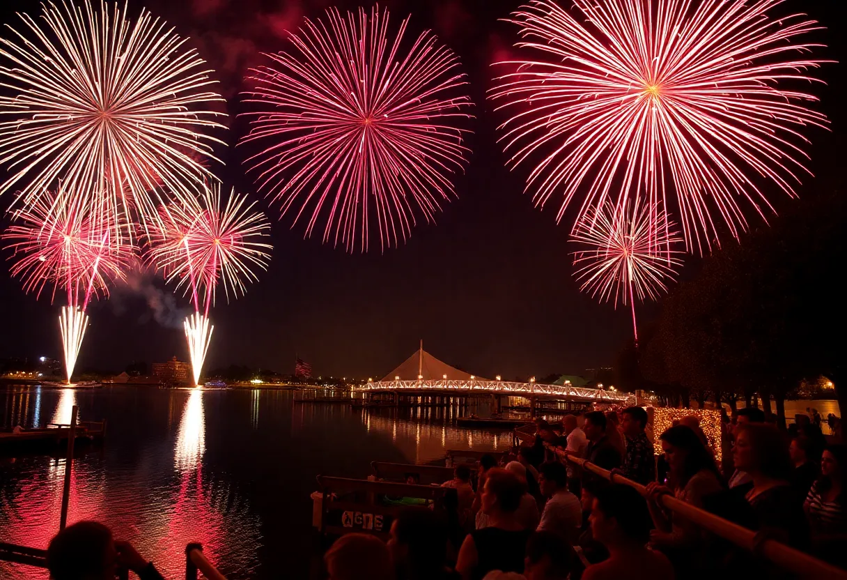 Fireworks bursting in the night sky over Savannah's waterfront during Independence Day celebration.