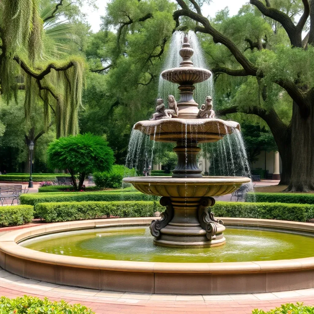 Iconic Forsyth Park Fountain surrounded by greenery